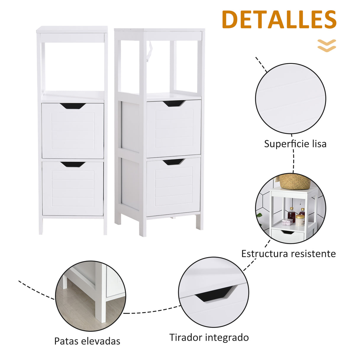 Armário de banheiro Armário multifuncional com prateleira aberta 2 gavetas de armazenamento Design anti-dica 30x30x89 cm Branco — foto 5