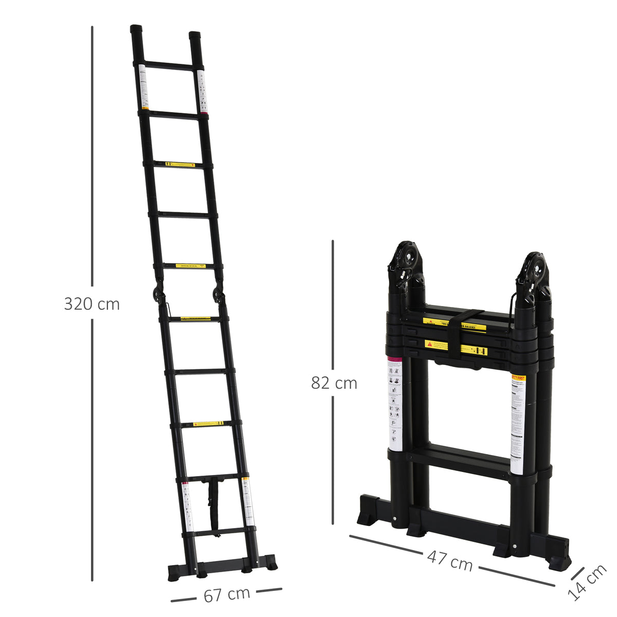 Escada Telescópica dobrável Multifuncional estavél quadro em A portátil de 10 passos 3 formas Carga 150kg Preto Alumínio 320x67x7 — foto 3