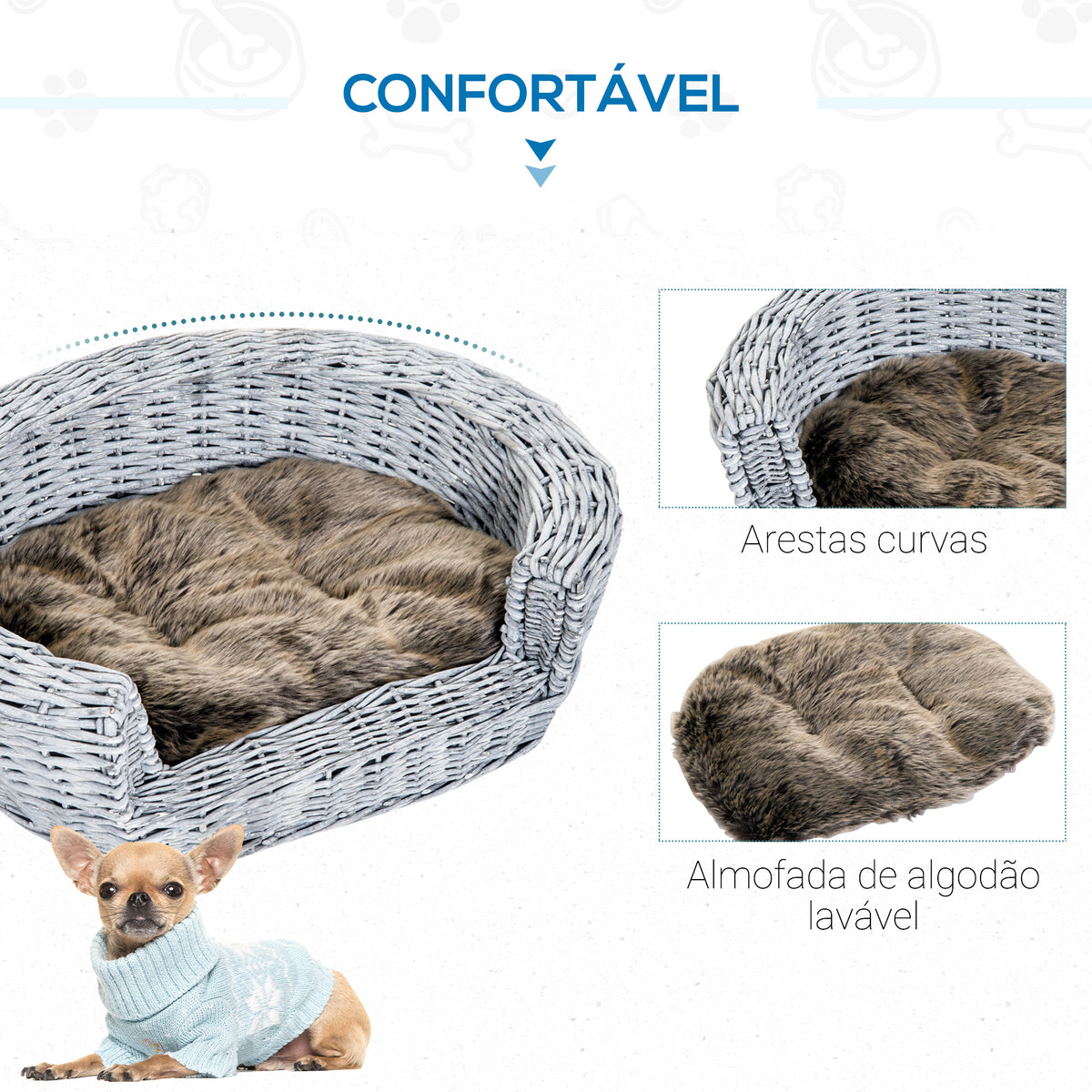 Cama para Cães de Vime Cama de Vime para Gatos Cães com Almofada Lavável 57x46x17,5cm Cinza — foto 6