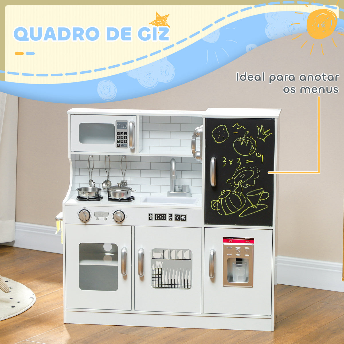 Cozinha de Brincar para Crianças acima de 3 anos Cozinha Infantil de Madeira com Acessórios Máquina de Gelo Ardósia e Telefone 83,8x26,8x81 cm Branco — foto 4