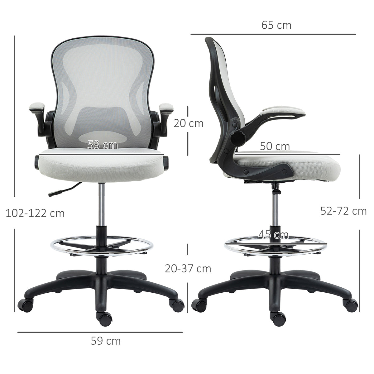 Cadeira de Escritório com Encosto Médio Suporte Lombar Apoio para os Braços Dobrável e Altura Ajustável Carga Máxima 120kg 59x65x102-122 cm cinza Claro — foto 3