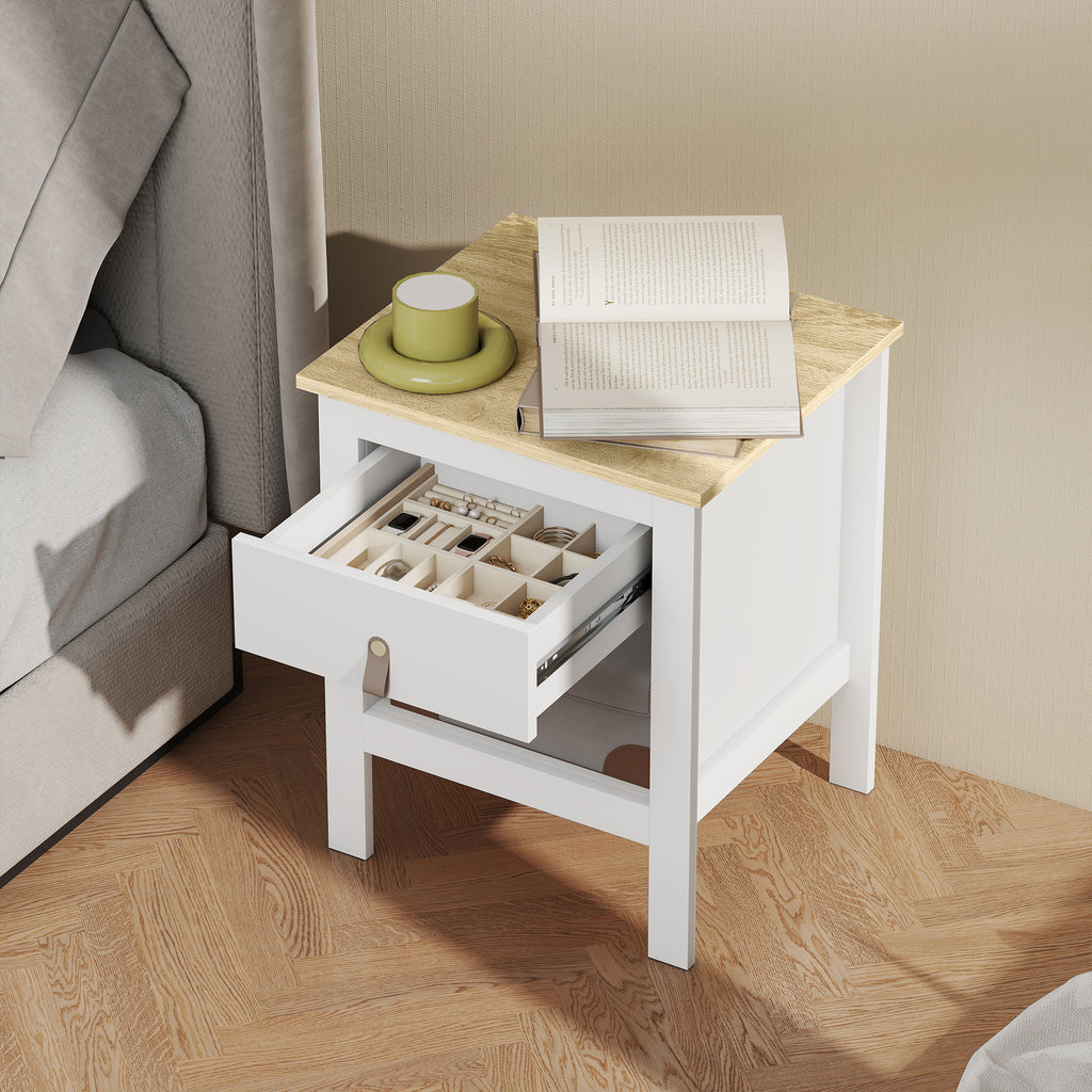 Mesa de Cabeceira Moderna Mesa de Cabeceira com 1 Gaveta Compartimento Aberto Puxador de PU Mesa Auxiliar para Sala ou Quarto 45x40x55 cm Branco — foto 7