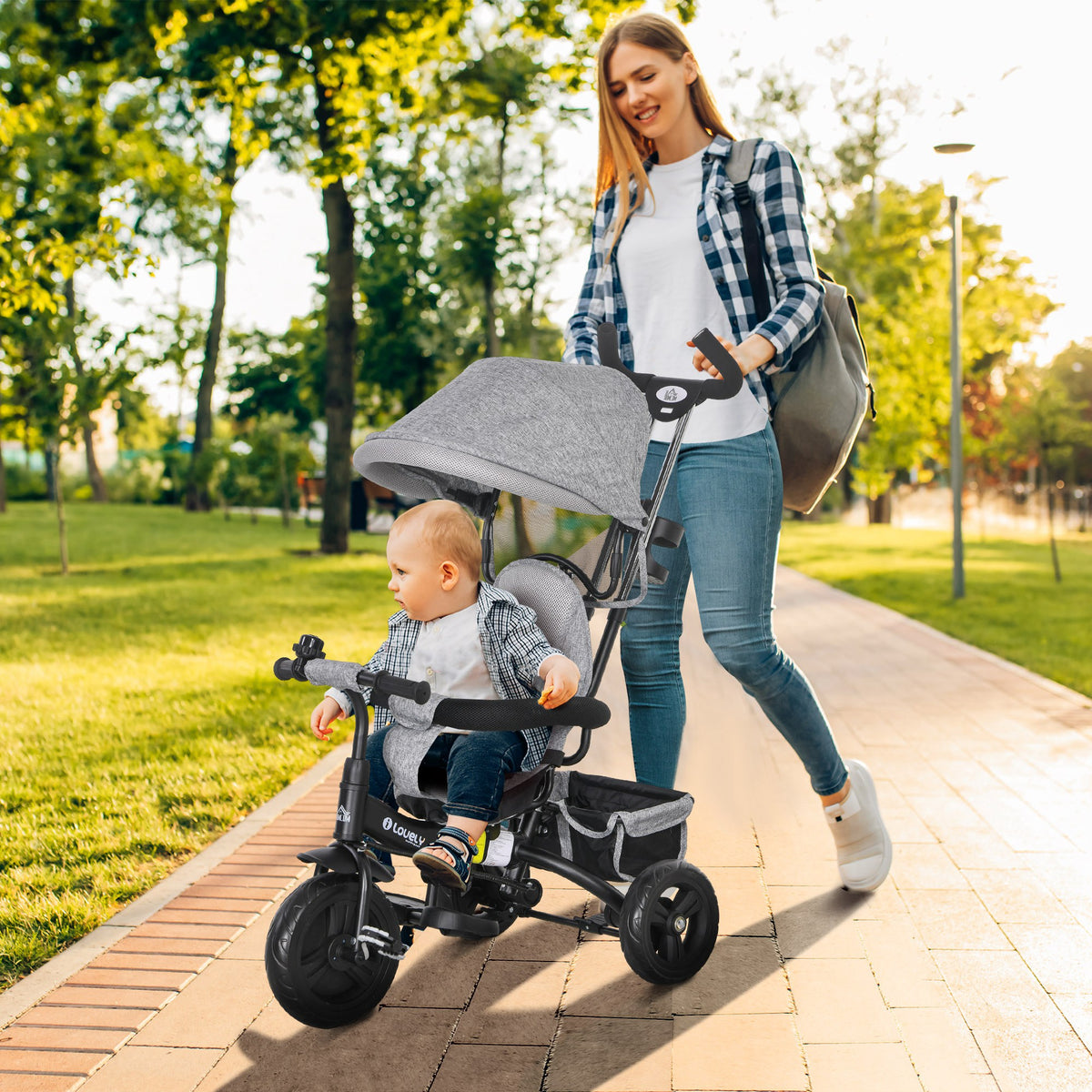 Triciclo para Bebés 2 em 1 Triciclo Evolutivo para Crianças de +12 Meses com Toldo Dobrável Guiador Telescópico e Removível Cinto de Segurança e Cesto 95x50x106 cm Cinza — foto 2