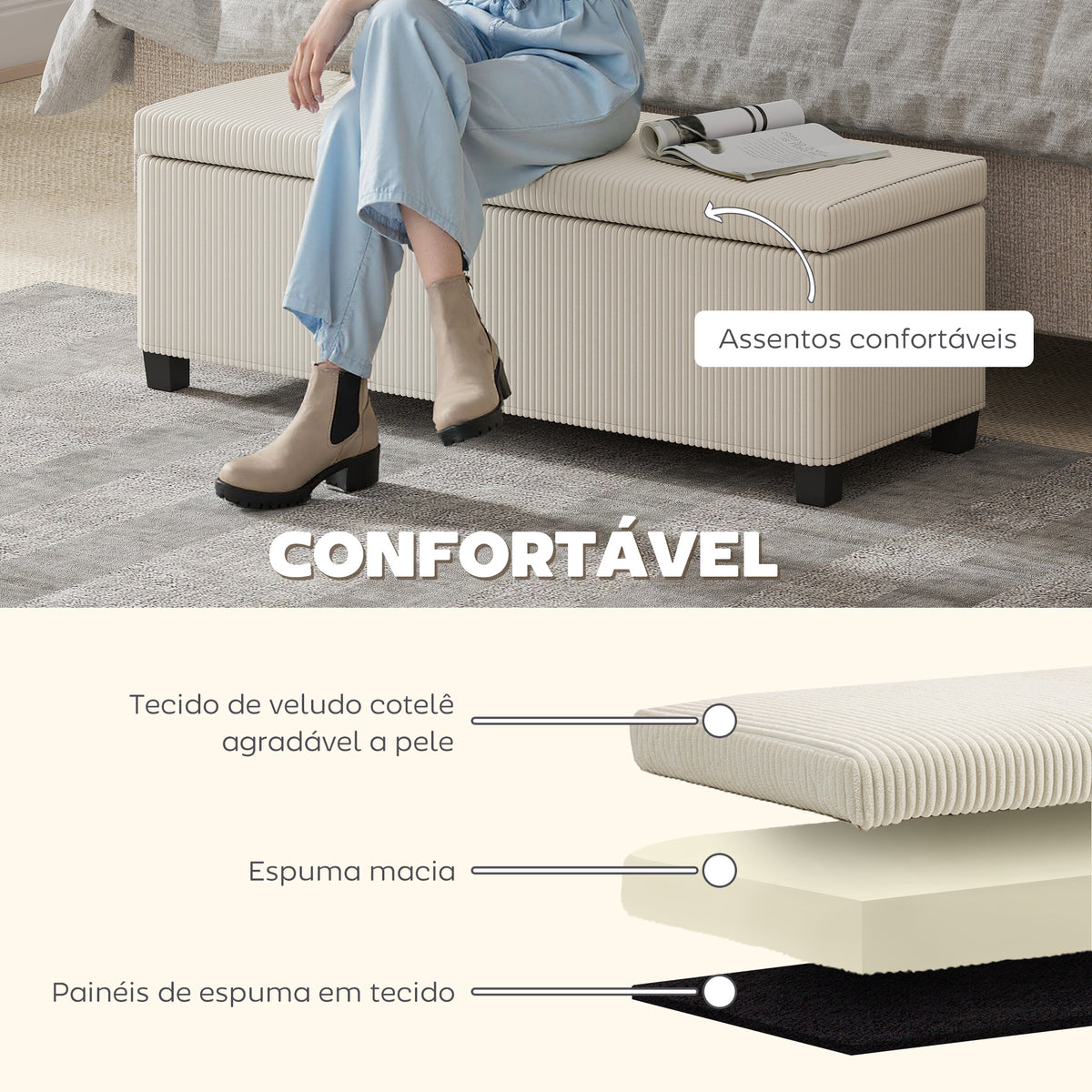 Banco de Arrumação Banco com Armazenamento Capacidade de 84 L 112x42x40 cm Estofado em Veludo Banco Pé de Cama para Dormitório Bege — foto 5