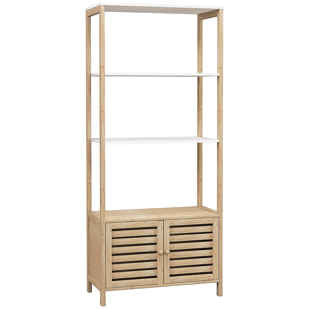 Estante para Casa de Banho de Bambu com 3 Prateleiras Abertas Estante de Arrumação Casa de Banho com Portas Ripadas 63x30x138 cm Madeira e Branco — foto 1