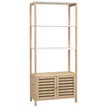 Estante para Casa de Banho de Bambu com 3 Prateleiras Abertas Estante de Arrumação Casa de Banho com Portas Ripadas 63x30x138 cm Madeira e Branco — foto 1