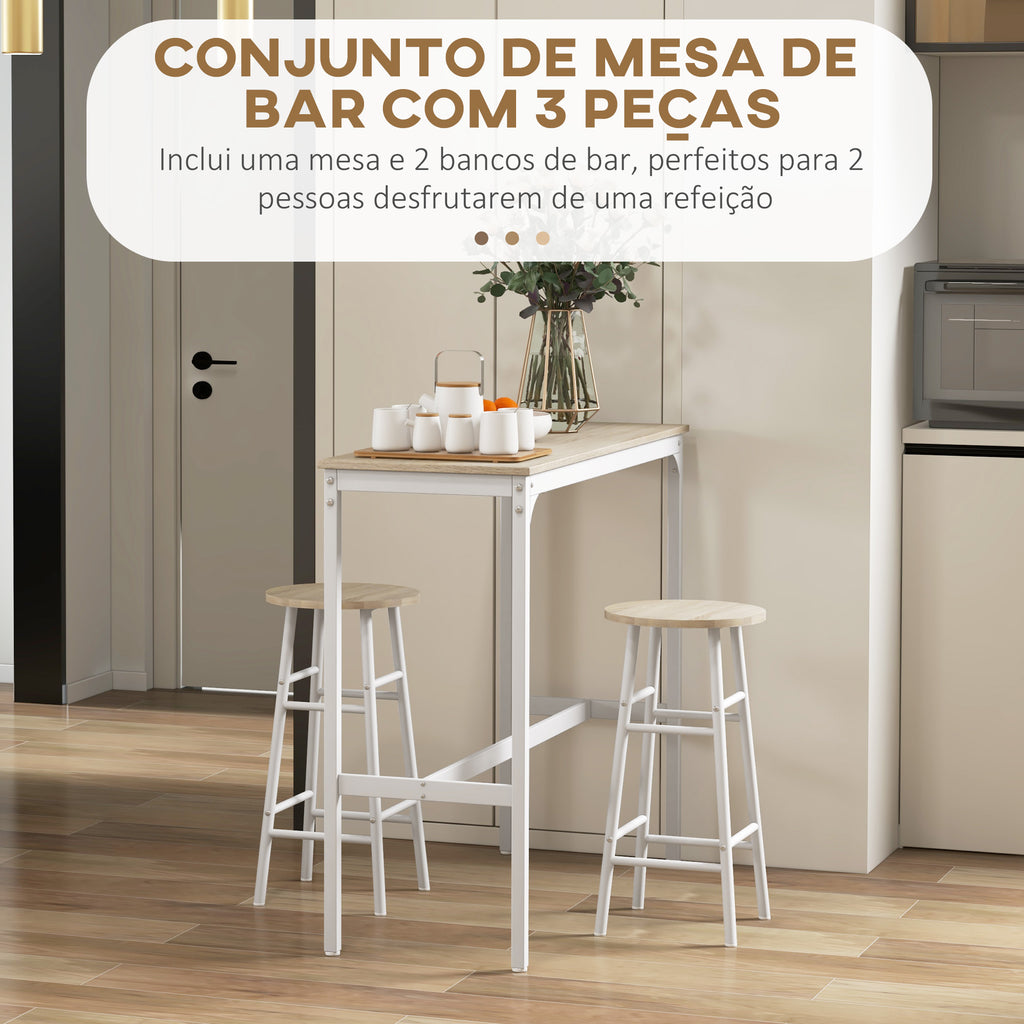 Conjunto de Mesa Alta de Bar com 2 Bancos Mesa Alta de Cozinha com Bancos Estrutura em Aço Mesa Alta Estilo Industrial para Sala de Jantar Natural e Branco — foto 4