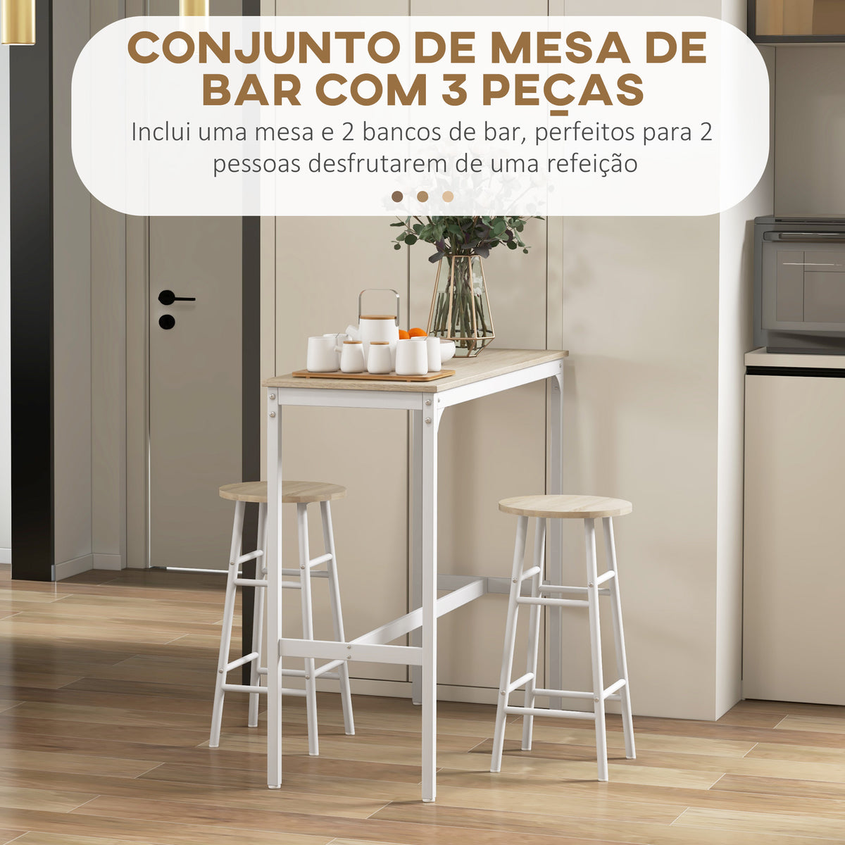 Conjunto de Mesa Alta de Bar com 2 Bancos Mesa Alta de Cozinha com Bancos Estrutura em Aço Mesa Alta Estilo Industrial para Sala de Jantar Natural e Branco — foto 4