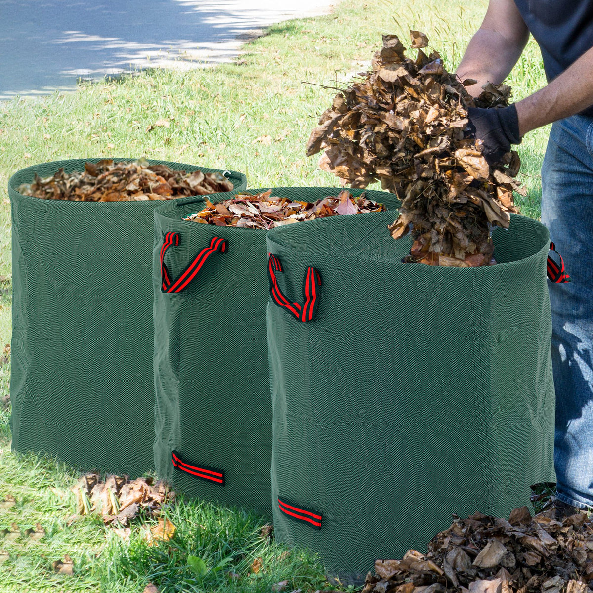 Conjunto de 3 Sacos de Resíduos de Jardim 272L Sacos para Resíduos Resistentes com Pegas Reforçadas e Aros Flexíveis Dobráveis e Reutilizáveis Ø67x76 cm Verde — foto 2