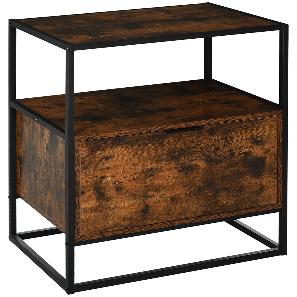 Mesa de console estilo industrial com gaveta grande e prateleira aberta Superfície espaçosa estrutura de metal 73x 45,5x 76cm Rústico Castanho — foto 1