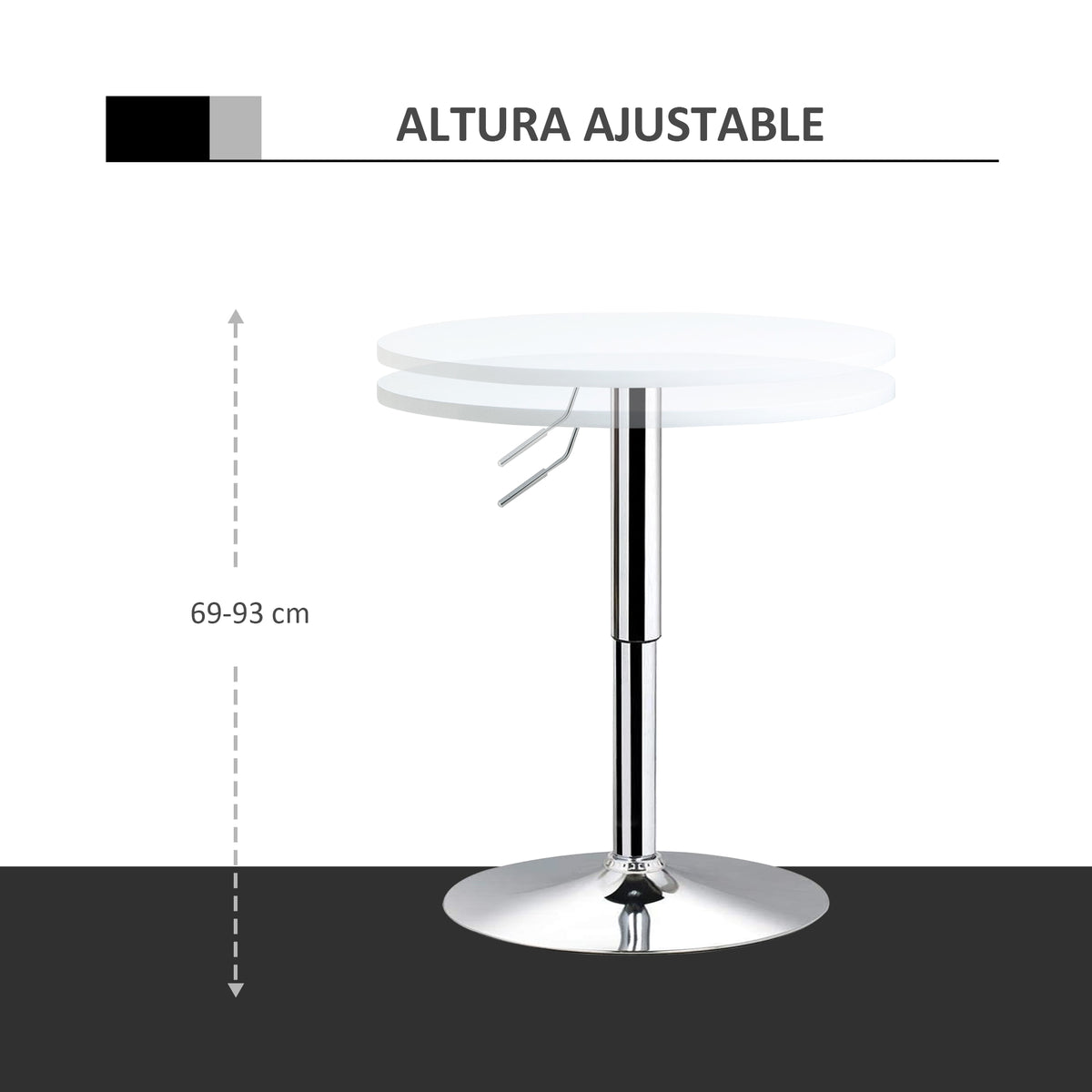 Mesa de bar ajustável em altura com base redonda e antideslizante para cozinha sala de jantar Ø60x69-93 cm Branco — foto 4