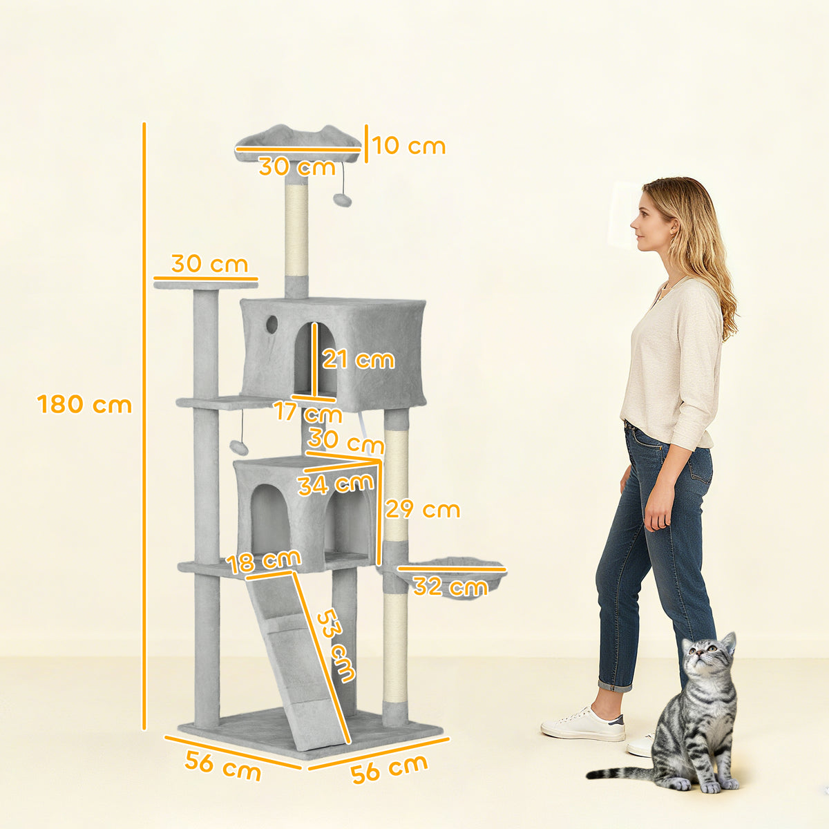 Arranhador para Gatos 180 cm Torre de Escalada com Múltiplas Plataformas Cama 2 Cavernas Rede Escada Postes de Sisal Bolas para Brincar Cinza — foto 3