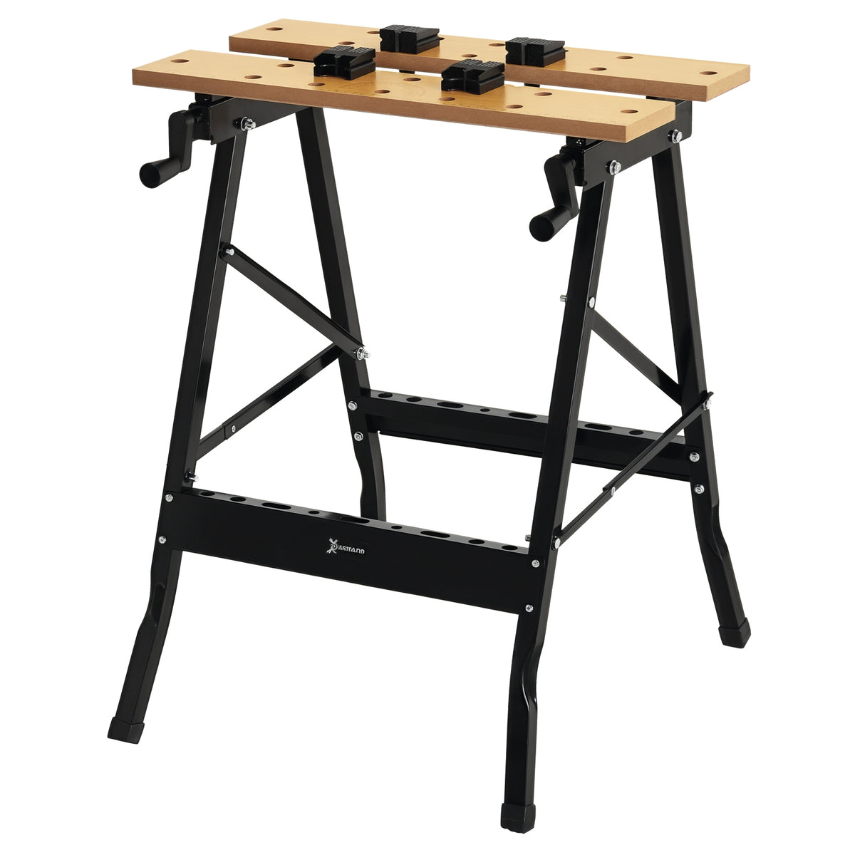 Amazonas: Bancada de trabalho dobrável Mesa de trabalho portátil com 4 grampos Buracos para serra Uso doméstico Ferro para trabalhar madeira Suporte para MDF 70 kg 56x62x75 cm Natural Preto — foto 1