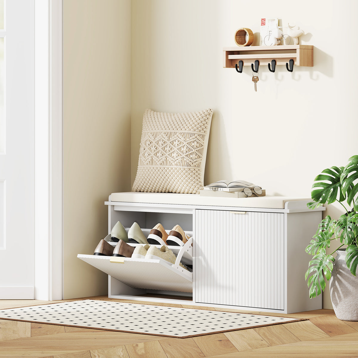 Banco Sapateira Móvel Sapateira Estreito Banco de Entrada com Assento Estofado 2 Caixas Rebatível e Painel de Ripas para Entrada Quarto Sala de Estar 104x26x47,5 cm Branco — foto 2