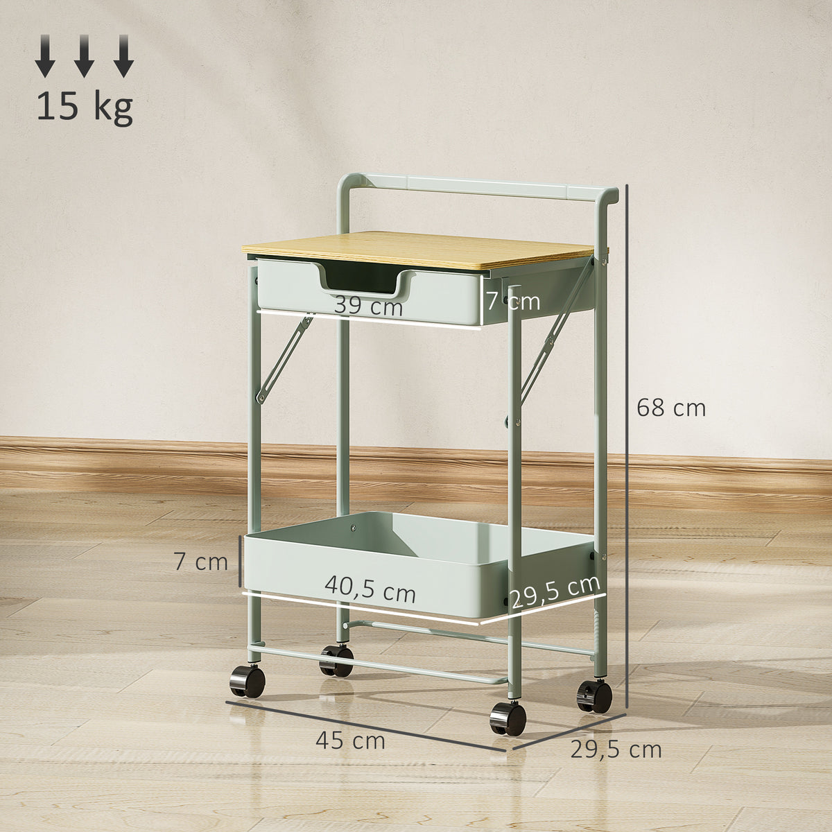 Carrinho Auxiliar com Rodas de 2 Níveis Carrinho de Cozinha com 1 Gaveta e 1 Cesto Carrinho Organizador para Dormitorio Sala Escritório 45x29,5x68 cm Verde Claro — foto 3