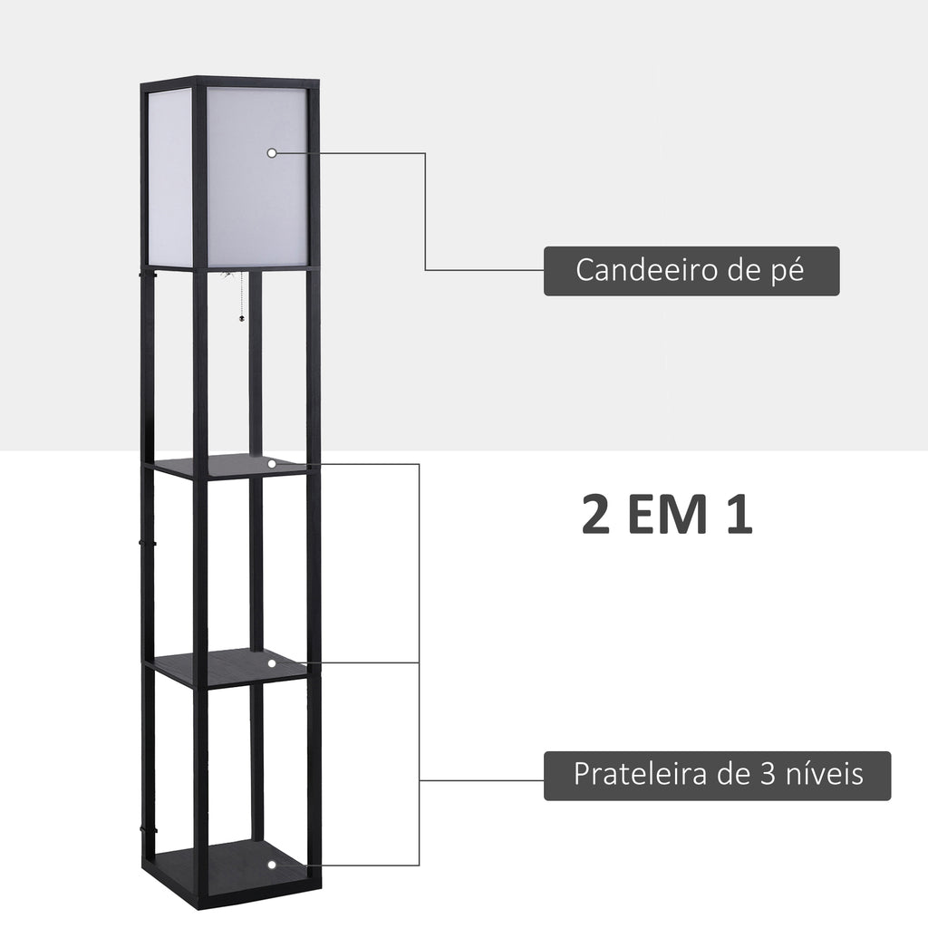 Candeeiro de Pé de Madeira com 3 Prateleiras De Armazenamento para Lâmpada E27 Potência Máx. 40W Candeeiro Moderno para Sala de Estar Dormitório 26x26x160cm Preto — foto 4