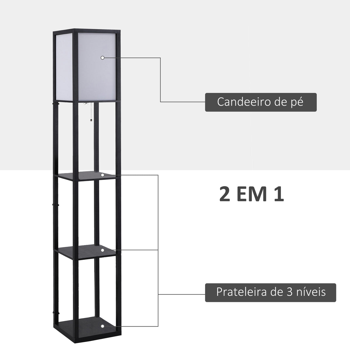 Candeeiro de Pé de Madeira com 3 Prateleiras De Armazenamento para Lâmpada E27 Potência Máx. 40W Candeeiro Moderno para Sala de Estar Dormitório 26x26x160cm Preto — foto 4