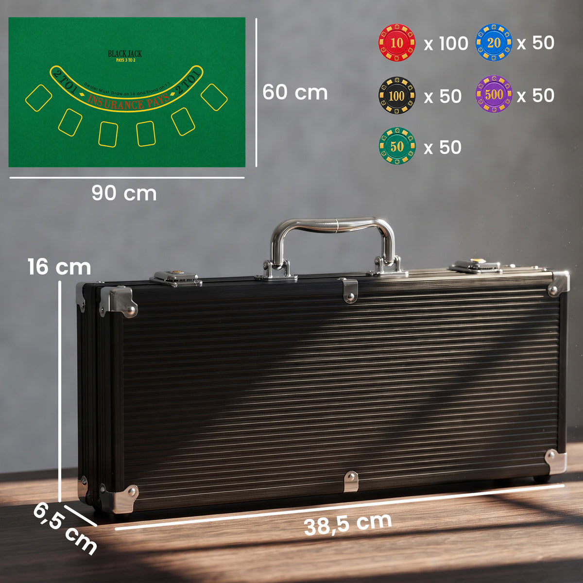 Conjunto 300 Fichas de Poker Texas Hold’em com valores, tapete, maleta, preto — foto 2