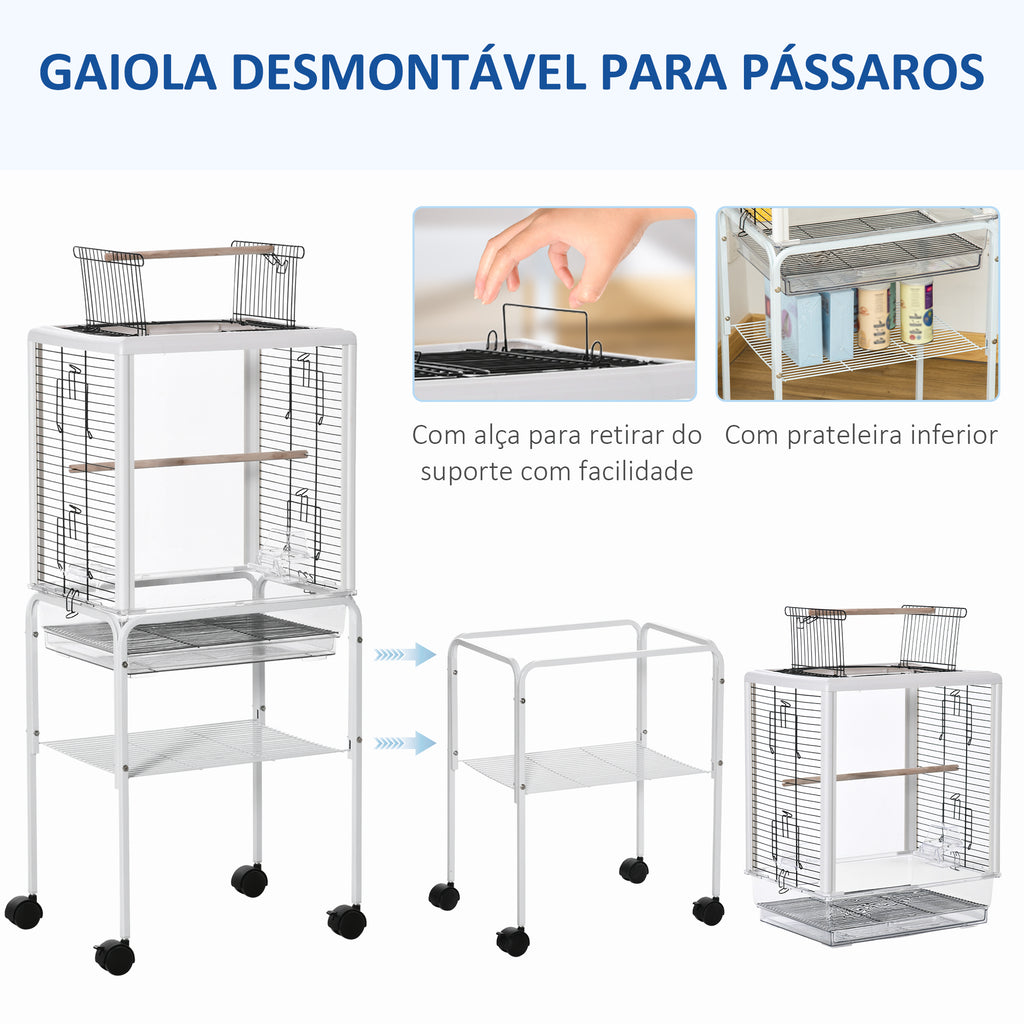 Gaiola para Passáros com Suporte Desmontável Gaiola com 4 Rodas Teto com Abertura 2 Comedouros 2 Poleiros Bandeja Removível 47x35x106,5cm Branco — foto 4
