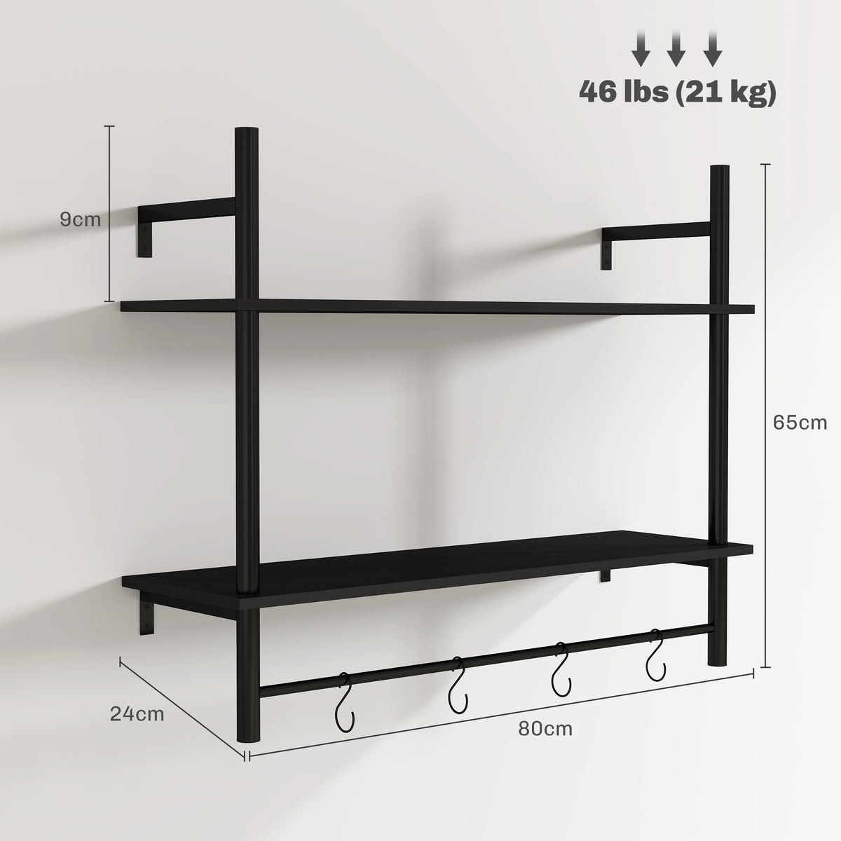 Estante de Parede de 2 Níveis Estante Suspensa Prateleiras de Parede com 4 Ganchos 2 Prateleiras e Estrutura de Metal para Entrada Cozinha Sala de Estar 80x24x65 cm Preto — foto 3