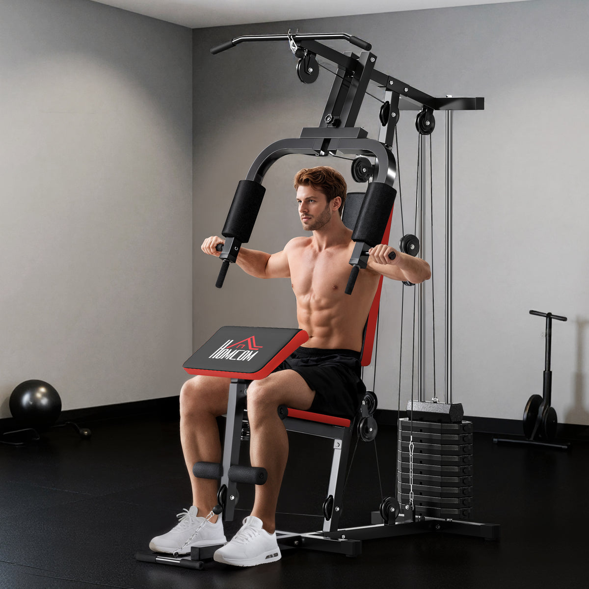 Máquina Multi Estação Máquina de Musculação com Placas de Peso de 65 kg Carga Máx. 100 kg para Treino Completo de Corpo e Treino de Força 135x103x210 cm Preto e Vermelho — foto 2