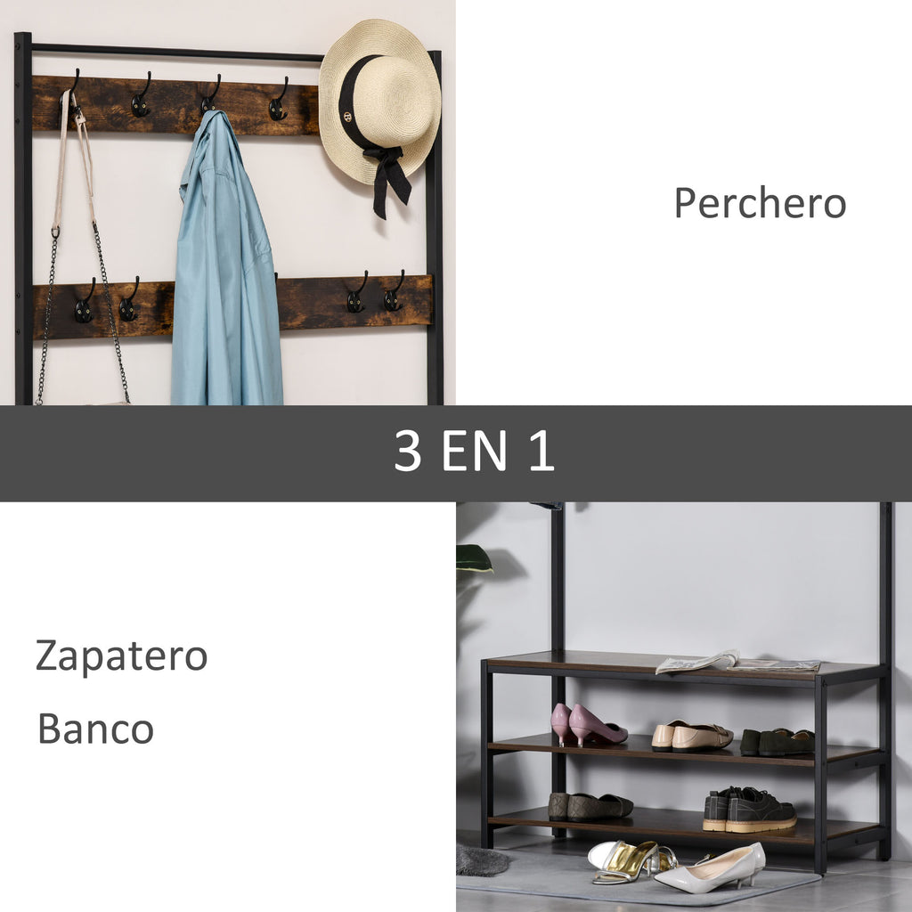 Cabide com sapateira Cabide com 12 ganchos Banco estilo industrial com 3 prateleiras Estrutura metálica 100x40x184 cm Castanho Rústico e Preto — foto 4