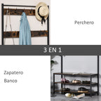 Cabide com sapateira Cabide com 12 ganchos Banco estilo industrial com 3 prateleiras Estrutura metálica 100x40x184 cm Castanho Rústico e Preto — foto 4