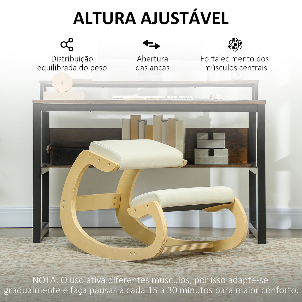 Cadeira Ergonómica de Joelhos com Almofadas Acolchoadas Estrutura de Madeira para Melhor Postura Escritório 55x85x55 cm Creme — foto 6