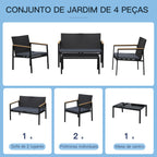 Conjunto de Móveis de Vime e 4 Peças com Almofadas Acolchoadas 2 Poltronas 1 Sofá Duplo e Mesa de Centro com Vidro Temperado para Jardim Varanda Preto — foto 4