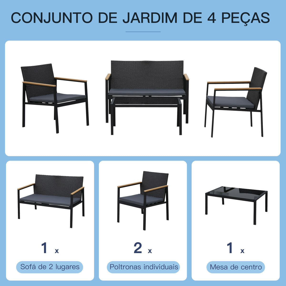Conjunto de Móveis de Vime e 4 Peças com Almofadas Acolchoadas 2 Poltronas 1 Sofá Duplo e Mesa de Centro com Vidro Temperado para Jardim Varanda Preto — foto 4