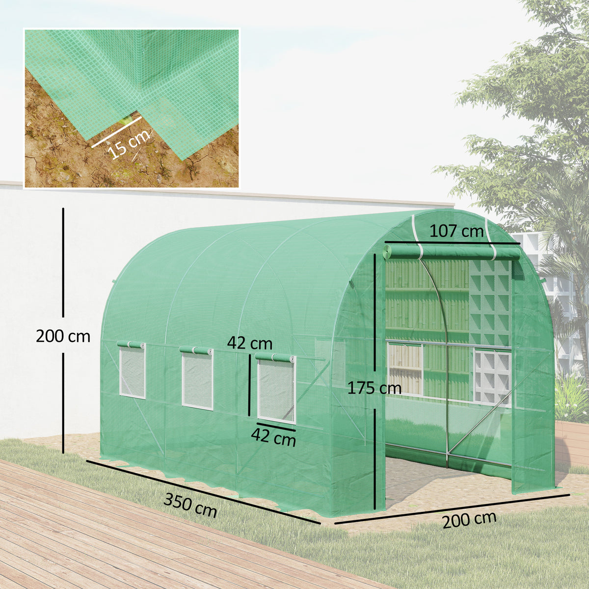 Estufa Tipo Túnel de Jardim 350x200x200cm Estufa de Jardim com 6 Janelas Respiráveis e Porta Enrolável com Zíper para Cultivo de Plantas e Verduras Verde — foto 3