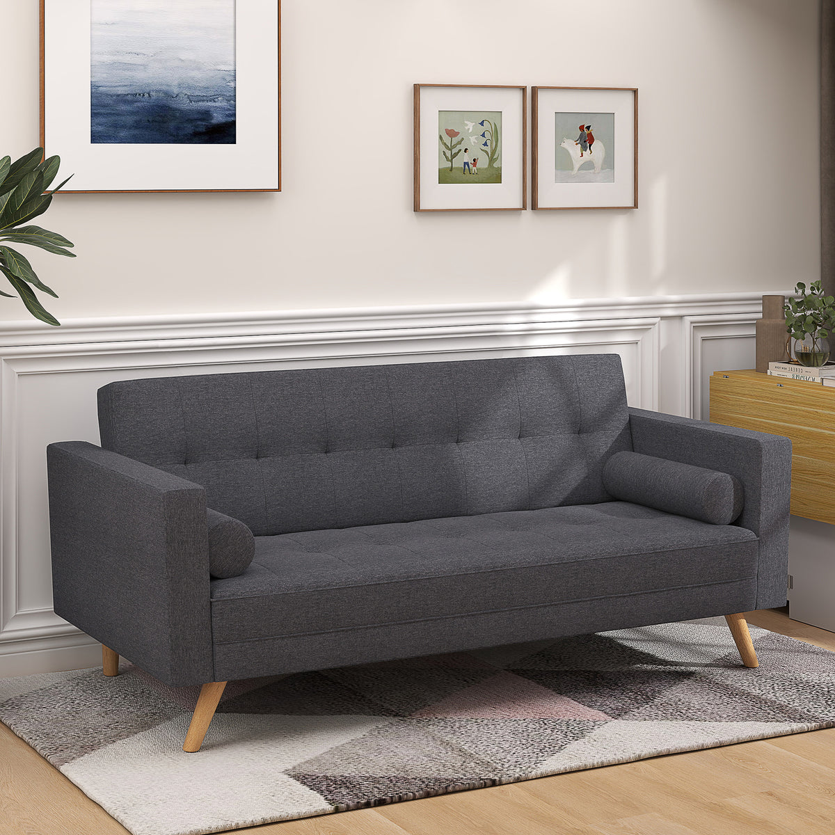 Sofá 3 lugares Cama de solteiro projeto 2 em 1 Dobravel com apoio de braços Estofamento em tecido Estrutura Sólida Pernas levantadas Estofamento confortável 187x90x86,5 cm Cinza — foto 2