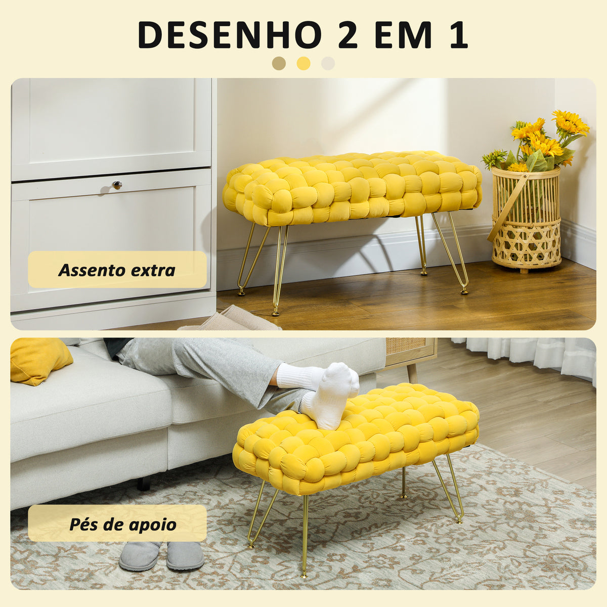 Apoio para os Pés Sala de Estar Apoio para os Pés em Veludo com Pés de Metal e Assento Acolchoado para Dormitório Entrada 76x38x41,5 cm Amarelo — foto 5