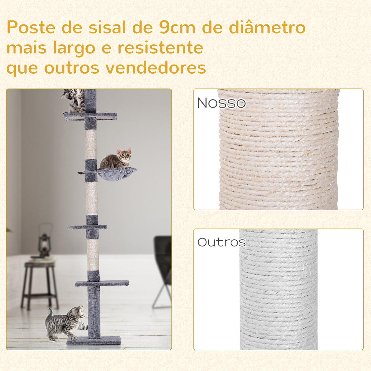 Árvore Arranhadora para Gatos Arranhador para Fixar ao Teto Altura Ajustável com Plataformas Poste de Sisal 40x34x230-260cm Cinza — foto 8