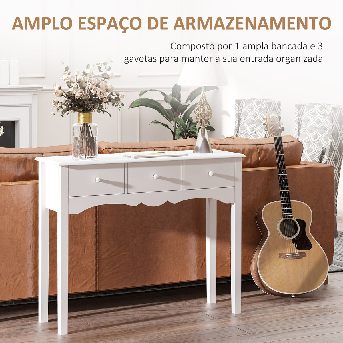 Mesa Consola Elegante Móvel de Entrada com 3 Gavetas 100x32x85cm Branco — foto 4