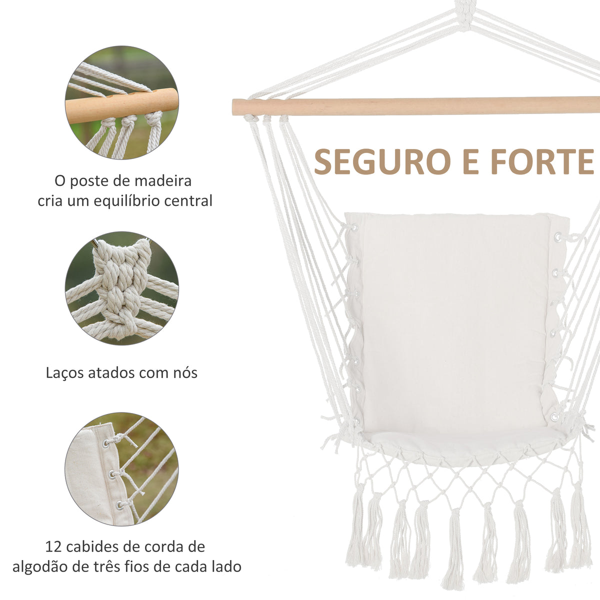 Cadeira Suspensa com Borlas Cadeira Rede Suspensa de Algodão Capacidade 120 kg Cadeira Baloiço Estilo Moderno para Interior e Exterior 90x50 cm Bege — foto 4