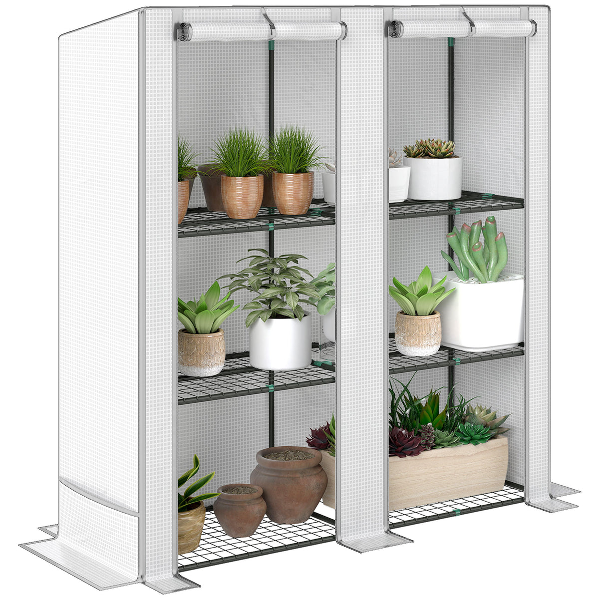 Estufa de Exterior com Teto Inclinado Estufa Pequena com 3 Prateleiras 2 Portas de Enrolar Capa de PE e Estrutura de Aço para Cultivos Plantas Flores 144x48x152 cm Branco — foto 1