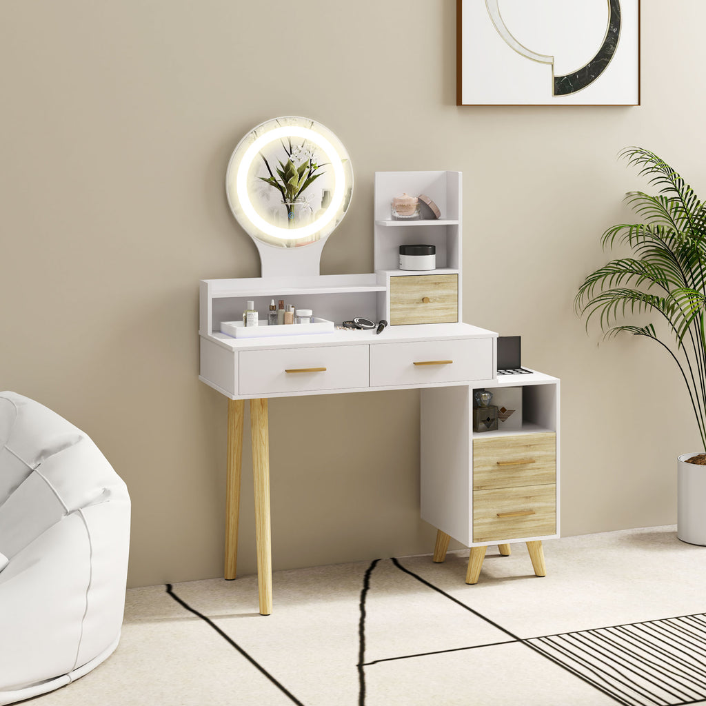 Toucador com Espelho e Luzes LED Ajustáveis Mesa de Maquilhagem Moderna com 5 Gavetas 4 Compartimentos e 1 Prateleira 100x44x137 cm Branco e Madeira — foto 8
