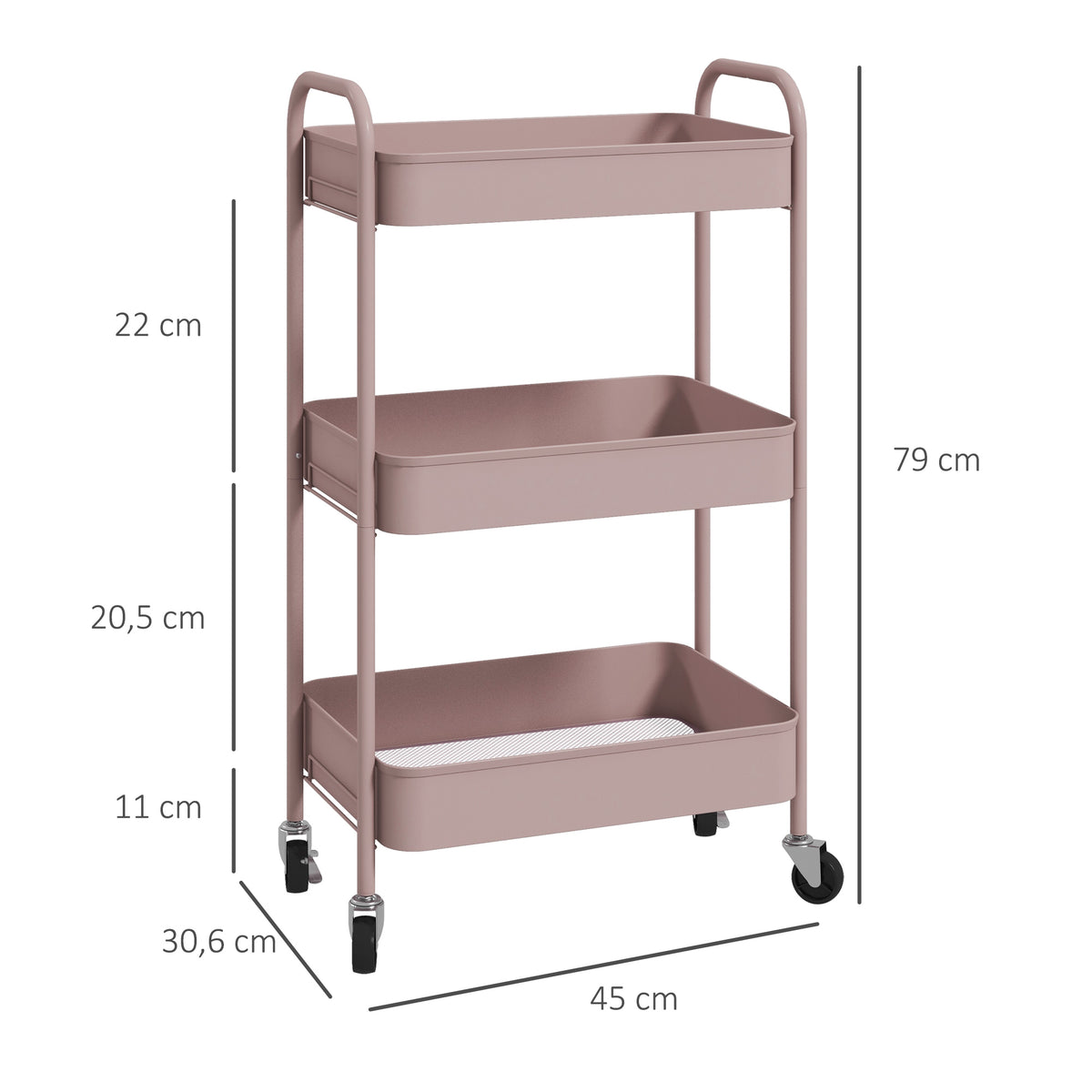 Carrinho Auxiliar de 3 Níveis com Rodas Carrinho de Armazenamento Deslizante com 3 Prateleiras 4 Rodas e 2 Travões para Cozinha Sala 45x30.6x79 cm Rosa — foto 3