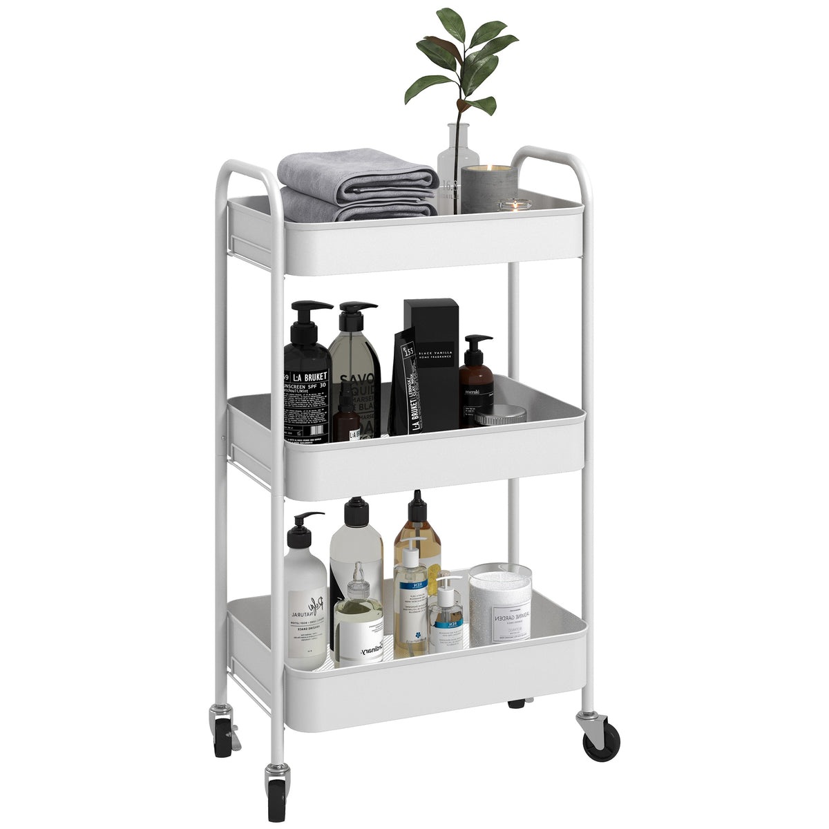 Carrinho Auxiliar de 3 Níveis com Rodas Carrinho de Armazenamento Deslizante com 3 Prateleiras 4 Rodas e 2 Travões para Cozinha Sala 45x30,6x79 cm Branco — foto 1
