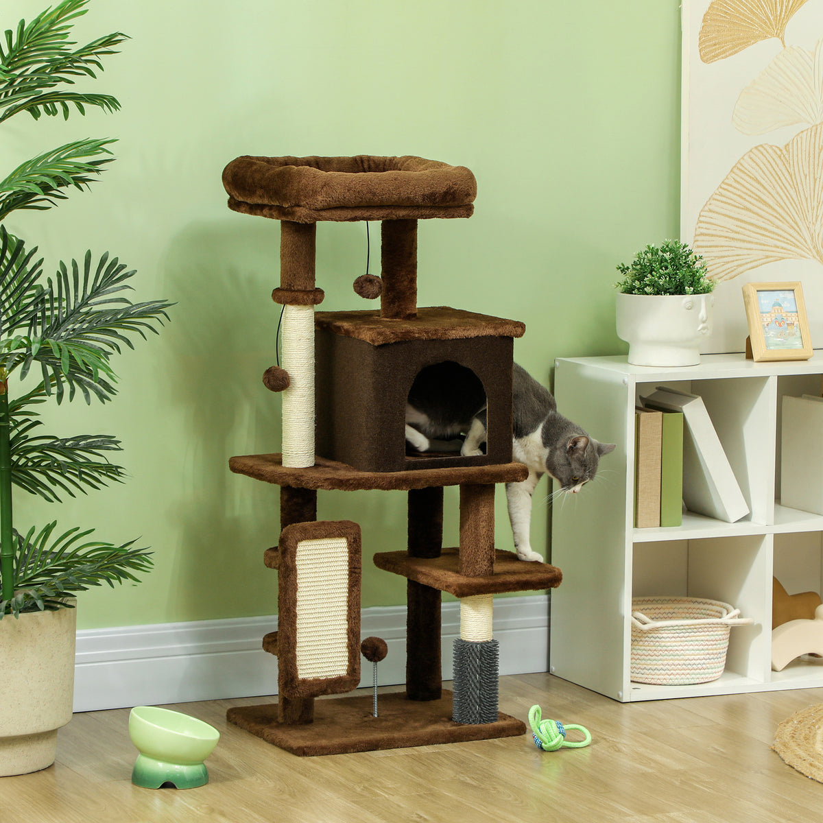 Arranhador para Gatos Grande Altura 104 cm Arranhador para Gatos com Plataformas Postes com Escova Bolas Suspensas e Almofadas para Arranhar Marrom — foto 2