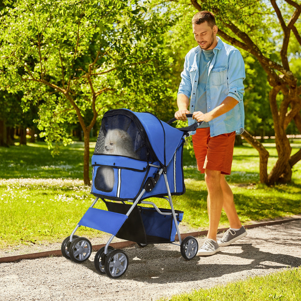 Carrinho para Cães Dobrável, Coche para Cães Pequenos com Cesta de Armazenamento, Janelas de Rede, Suporte para Copos, Rodas EVA, Almofada Lavável, Travões, Carga 10 kg, 75x45x97 cm, Azul — foto 2