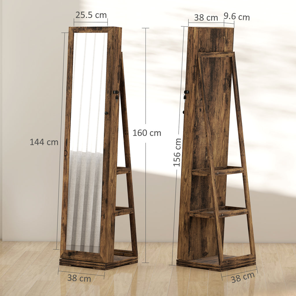 Joalheiro de Pé Armário para Jóias 360° Organizador de Jóias com Fechadura e Espelho Incorporado Carga Máxima 20 kg 38x38x160 cm Marrom Rústico — foto 3
