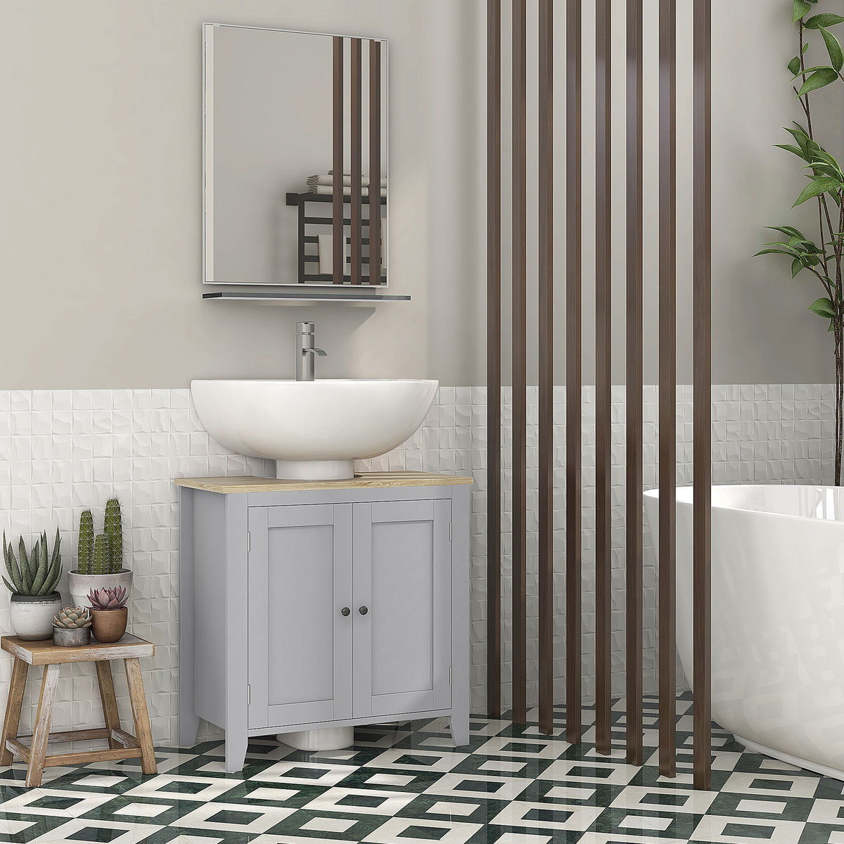 Móvel para Lavatório Pousar Armário para Casa de Banho com 2 Portas e Prateleira Ajustável Estilo Moderno 60x30x60 cm Cinza e Madeira — foto 2