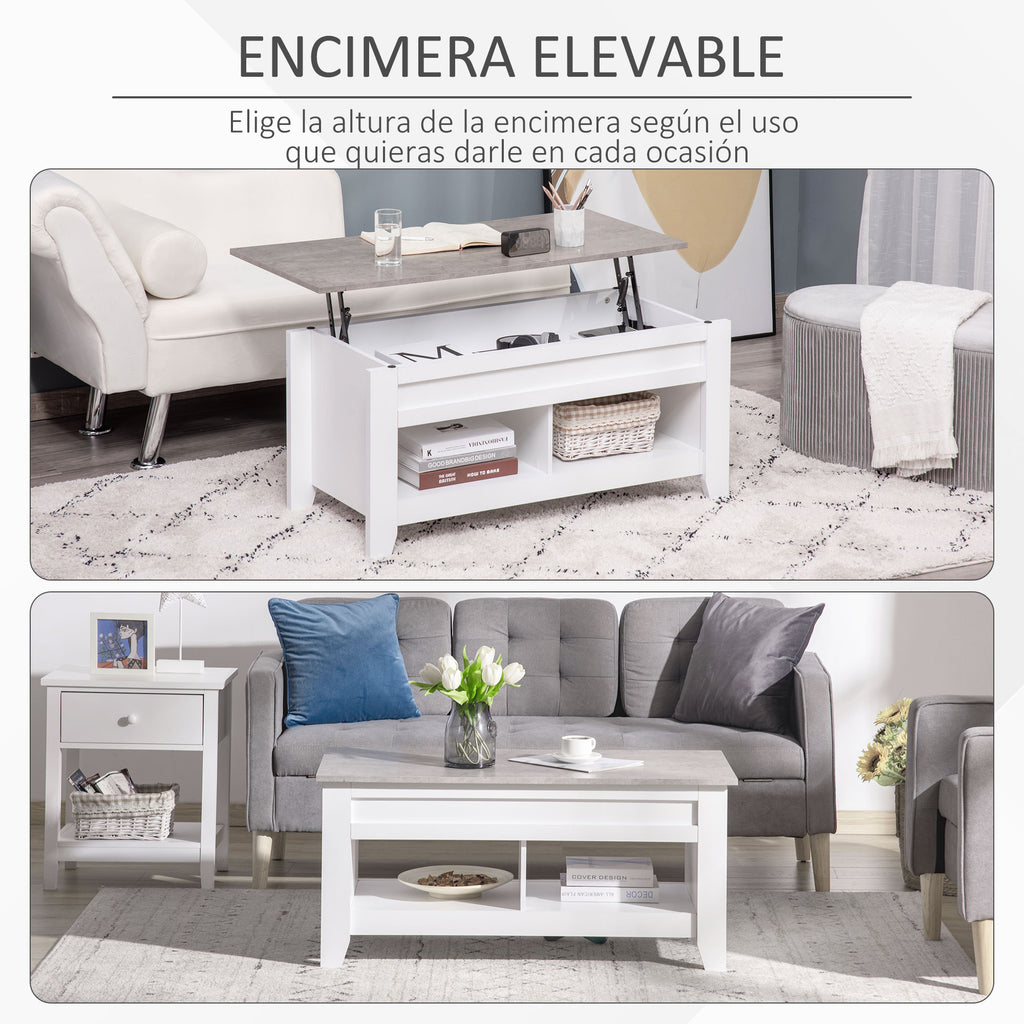Mesa de Centro com Bancada Elevável Mesa de Centro com 2 Compartimentos Abertos Bancada de Imitação a Mármore Mesa Retangular para Sala de Estar 105x50x49cm Branco — foto 4