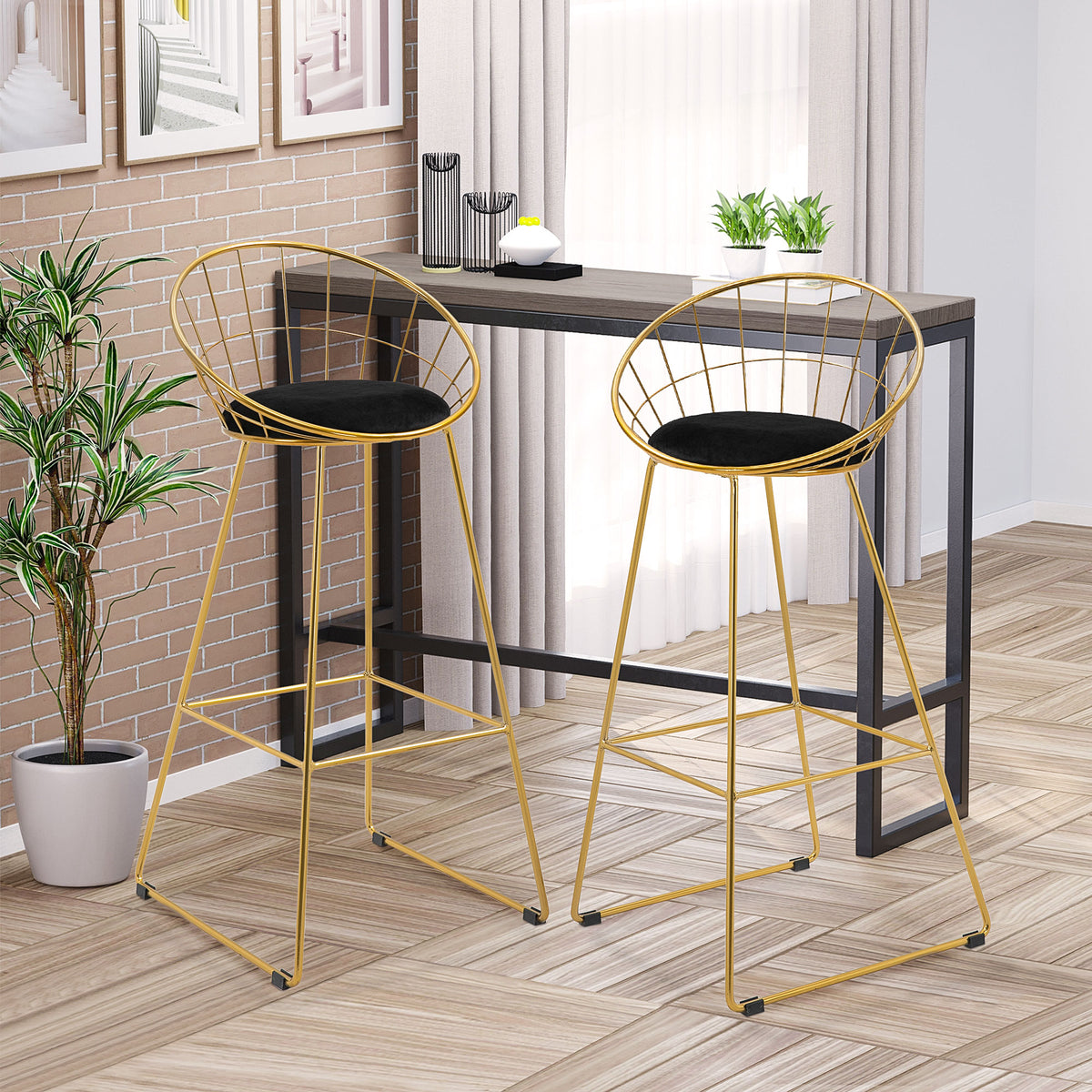 Conjunto de 2 Bancos Altos de Cozinha com Assento em Tecido Bancos de Bar Cadeiras Acapulco com Encosto e Apoio para os Pés para Sala de Jantar 52,5x47x97 cm Dourado — foto 2