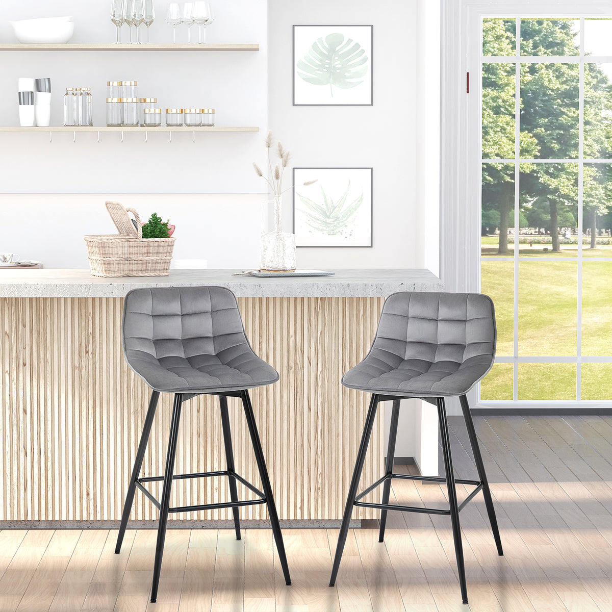 Conjunto de 2 Bancos de Bar com Encosto e Apoio para os Pés Bancos Altos Acolchoados de Estilo Nórdico em Metal e Poliéster para Bar Sala de Jantar 45x47x88 cm Cinza — foto 2