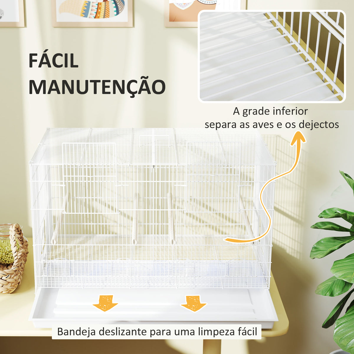 Gaiola para Pássaros com Divisória Gaiola para Aves com 4 Comedouros 4 Poleiros e Bandeja Amovível Gaiola para Canários Periquitos 76x46x46 cm Branco — foto 7