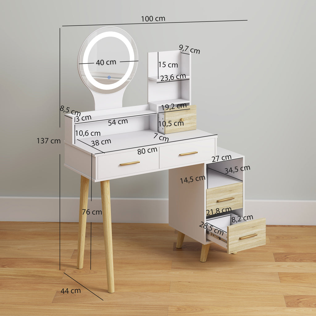 Toucador com Espelho e Luzes LED Ajustáveis Mesa de Maquilhagem Moderna com 5 Gavetas 4 Compartimentos e 1 Prateleira 100x44x137 cm Branco e Madeira — foto 3