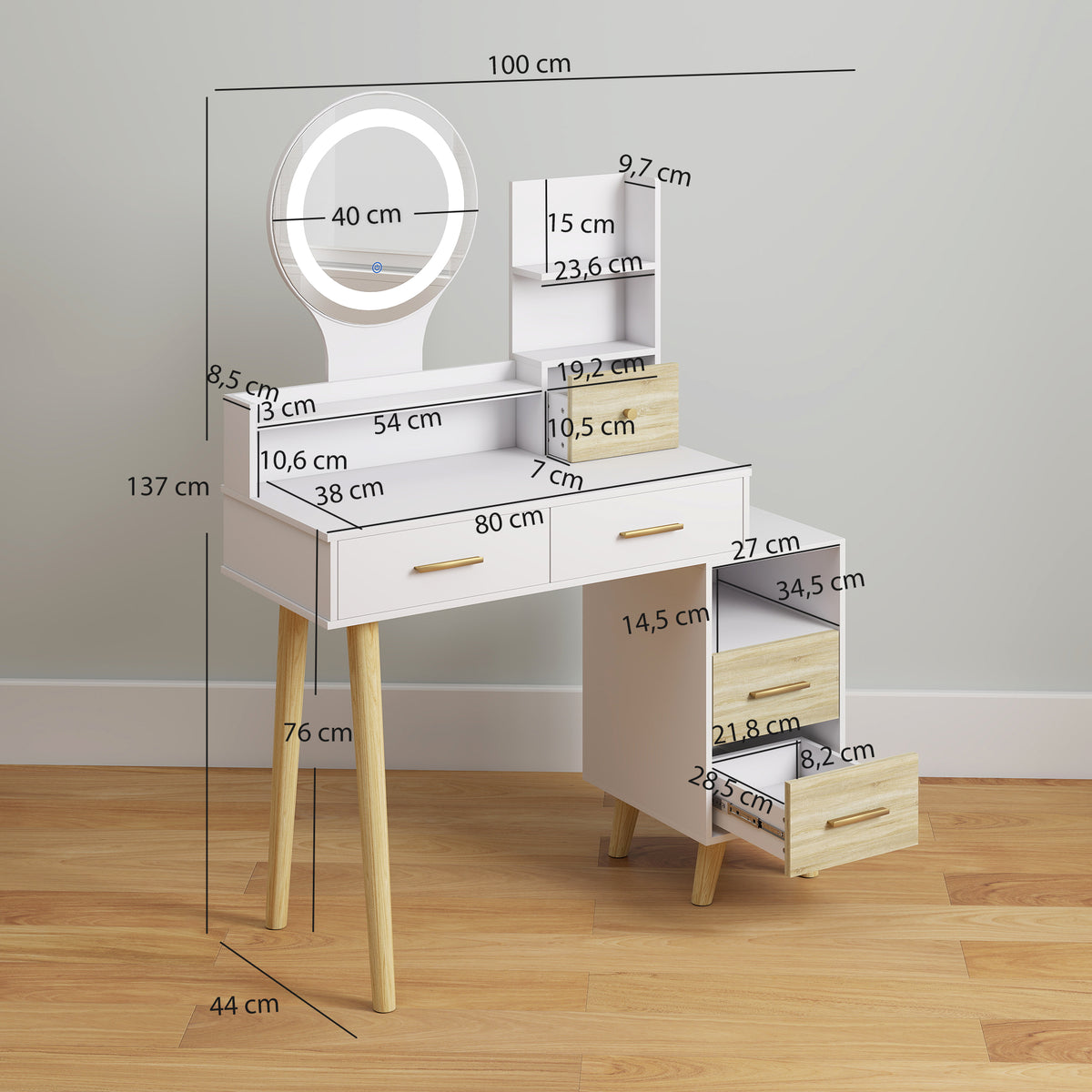 Toucador com Espelho e Luzes LED Ajustáveis Mesa de Maquilhagem Moderna com 5 Gavetas 4 Compartimentos e 1 Prateleira 100x44x137 cm Branco e Madeira — foto 3